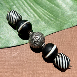 Black Glass and Carved Silver Strand -  5 Pieces