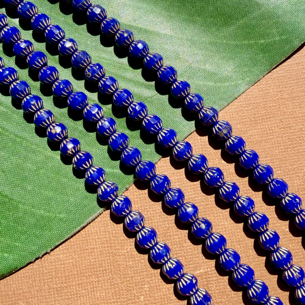 Blue Etched Round Beads - 100 Pieces
