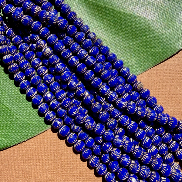 Blue Etched Round Beads - 100 Pieces