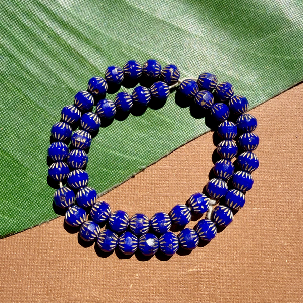 Blue Etched Round Beads - 100 Pieces
