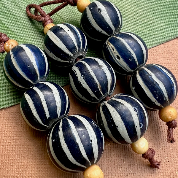 Blue Striped Glass Beads - 3 Pieces