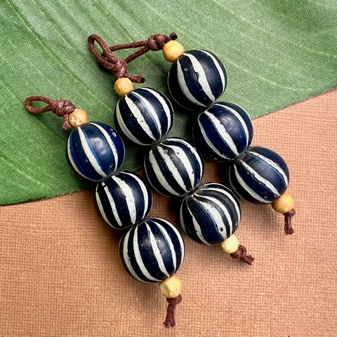 Blue Striped Glass Beads - 3 Pieces
