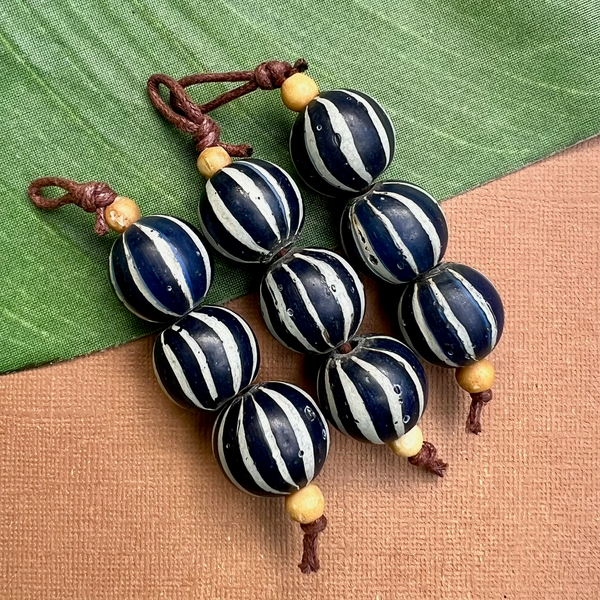 Blue Striped Glass Beads - 3 Pieces
