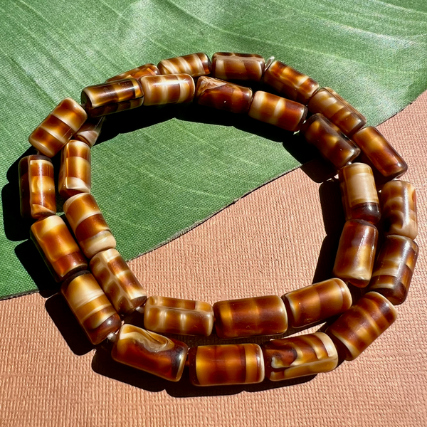 Brown & Cream Cylinder Tube Beads - 30 Pieces