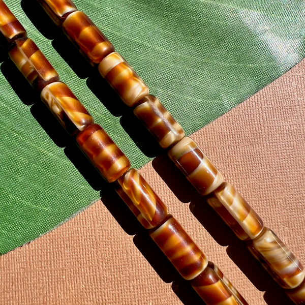 Brown & Cream Cylinder Tube Beads - 30 Pieces