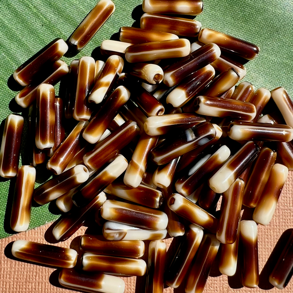 Shiny Dark Brown & Cream Cylinder Tube Beads - 100 Pieces