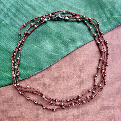 Silver & Brown Silk & Seed Bead Necklace