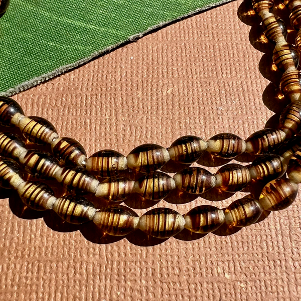 Brown Striped Oval Glass Beads - 90 Pieces