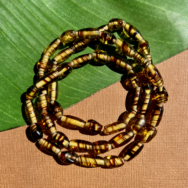 Amber Tone Glass Beads with Brown Stripes - 50 Pieces