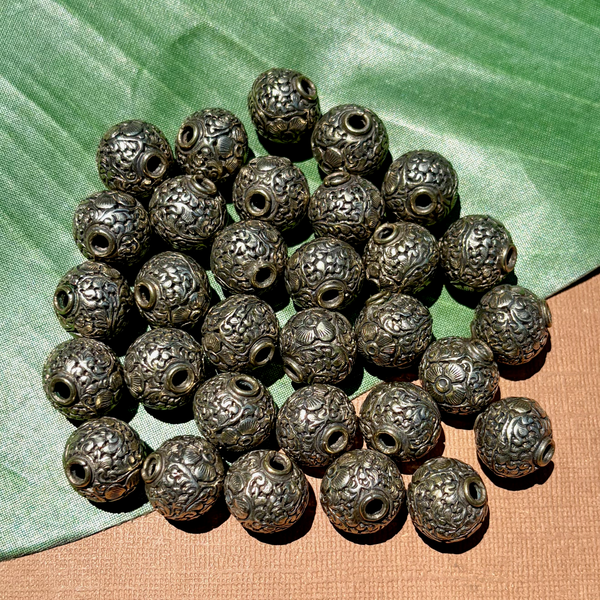 16mm Carved Round Metal Beads - 3 Pieces