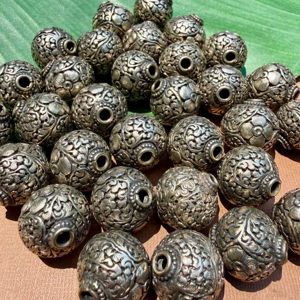 20mm Carved Round Metal Beads - 3 Pieces
