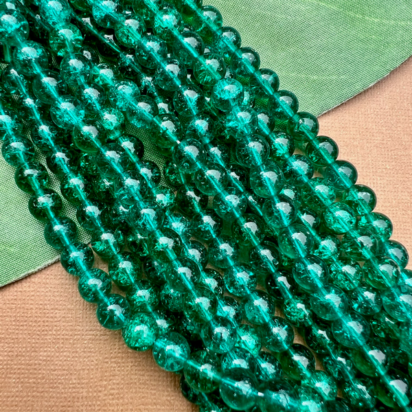 Teal Green Crackle Round Beads - 100 Pieces