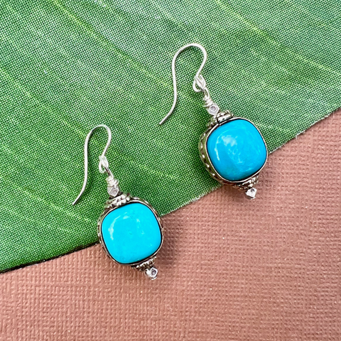 Blue Turquoise Cushion & White Metal Earrings