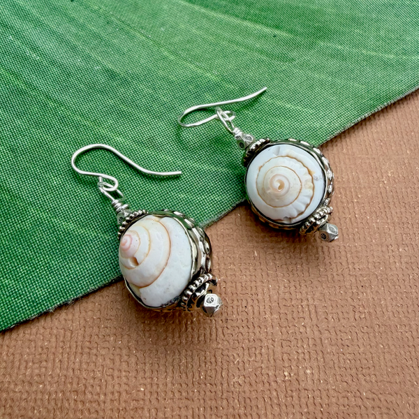 Shell Swirl & White Metal Earrings
