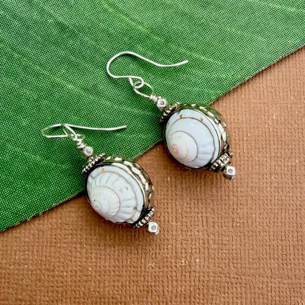 Shell Swirl & White Metal Earrings
