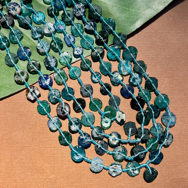 Roman Glass Flat Small Round Bead Strands