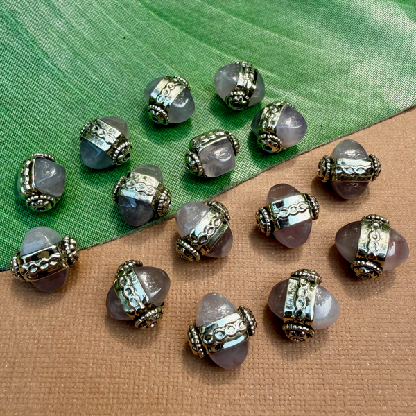 Gray Chalcedony & White Metal Dome Beads