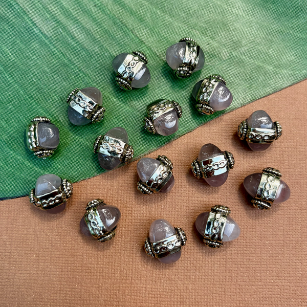 Gray Chalcedony & White Metal Dome Beads