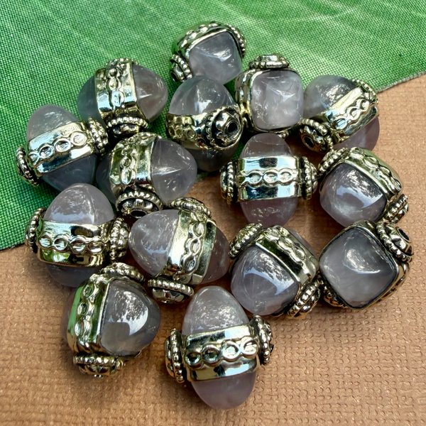 Gray Chalcedony & White Metal Dome Beads