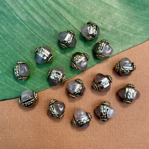 Gray Chalcedony & White Metal Dome Beads