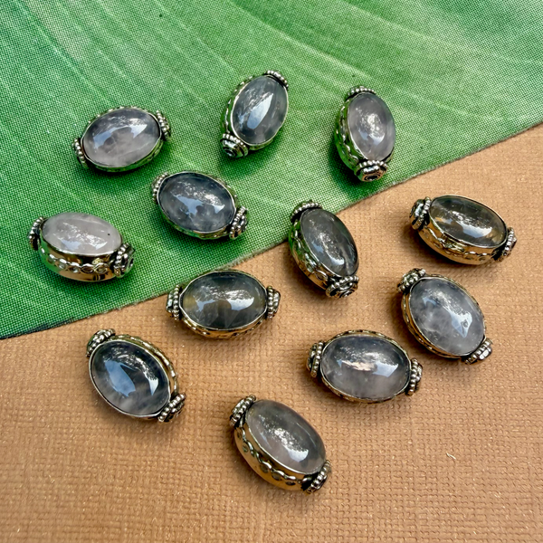 Gray Chalcedony & White Metal Oval Beads