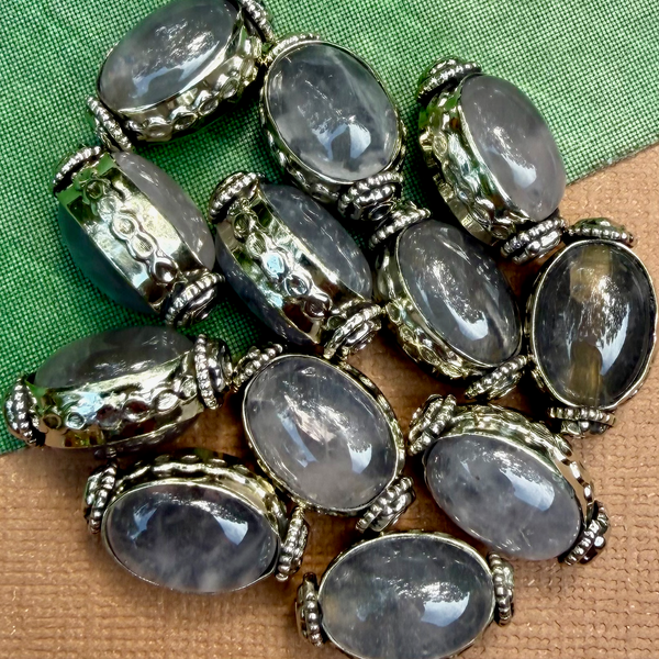 Gray Chalcedony & White Metal Oval Beads