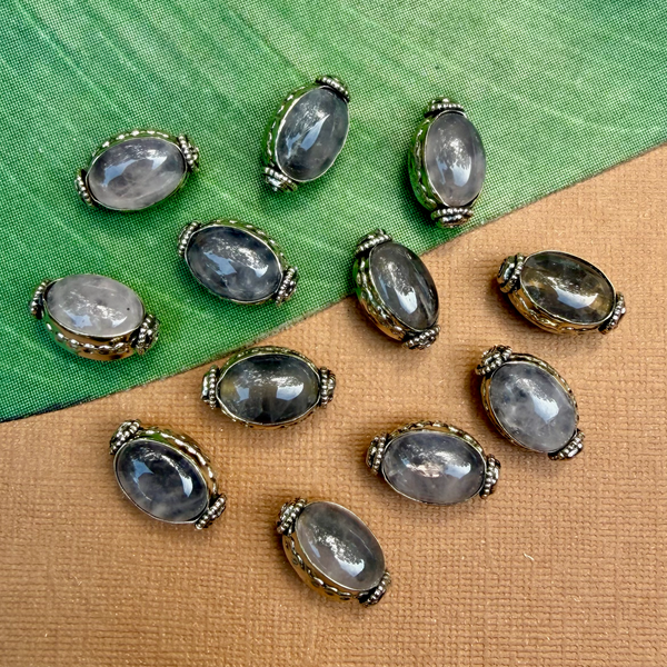 Gray Chalcedony & White Metal Oval Beads