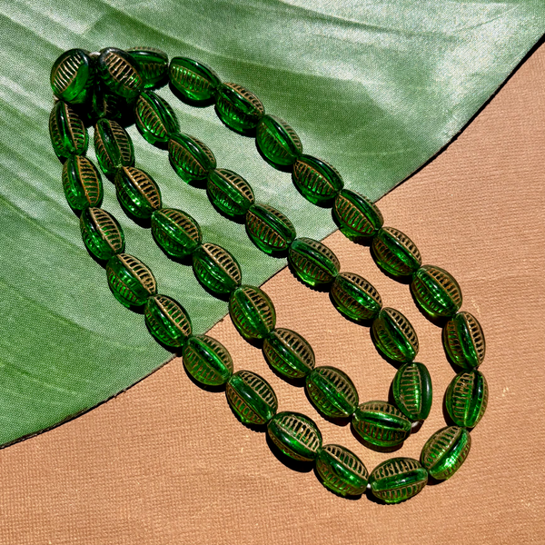 Green & Gold 3 Sided Beads - 50 Pieces
