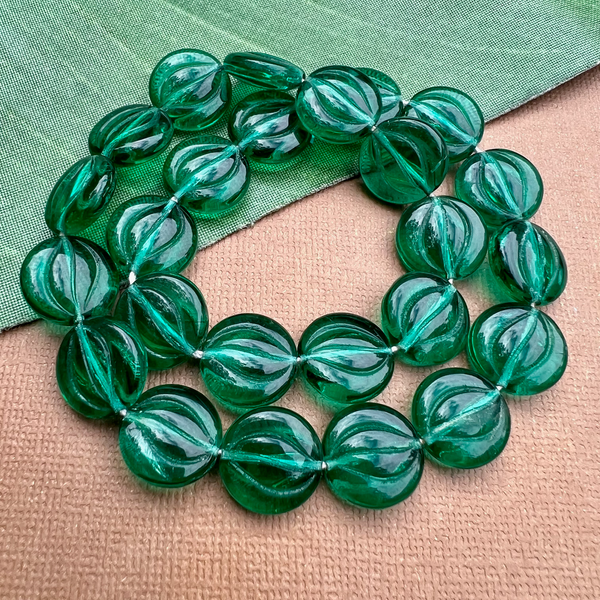 Green Etched Coin Beads - 50 Pieces