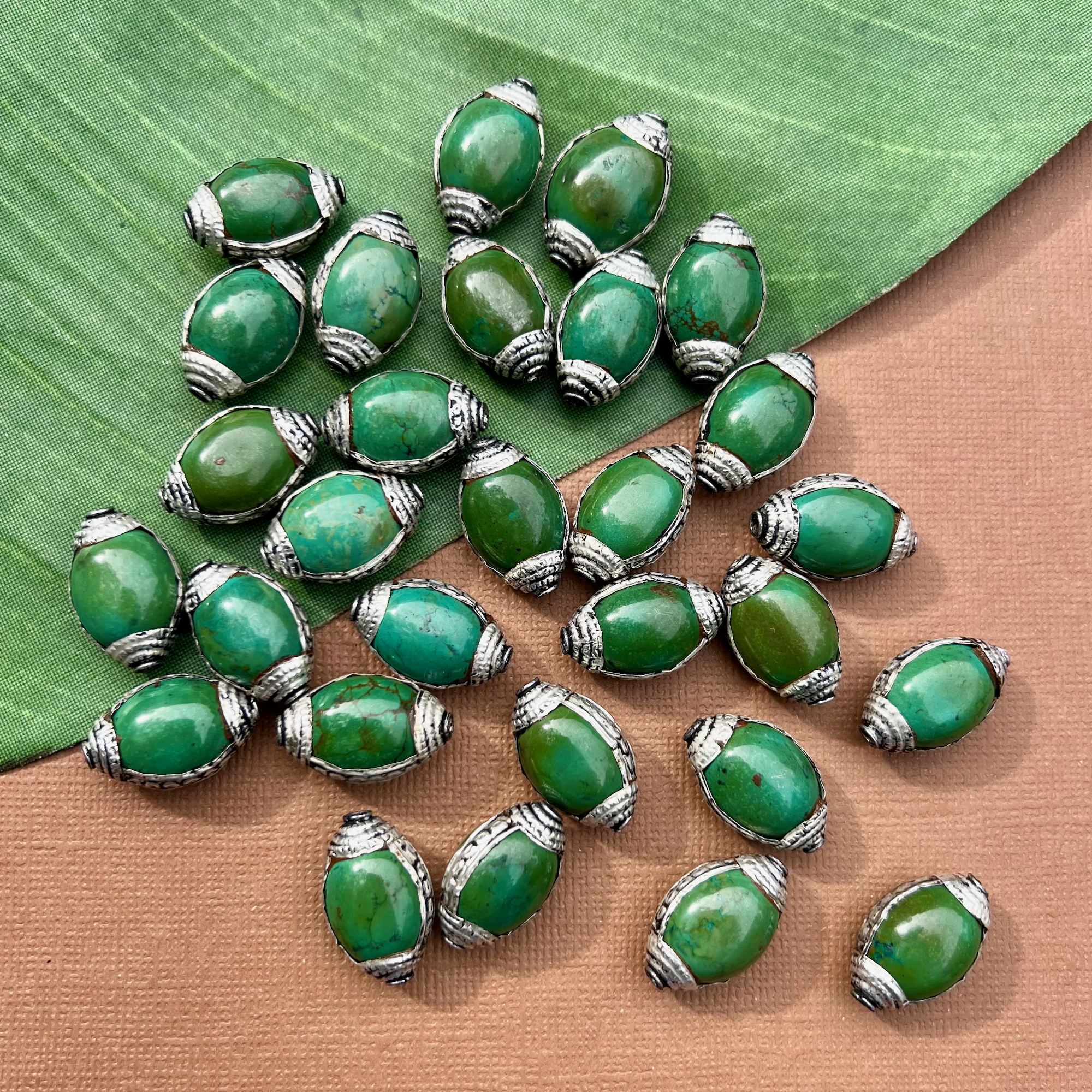 Green Turquoise & White Metal Oval Beads