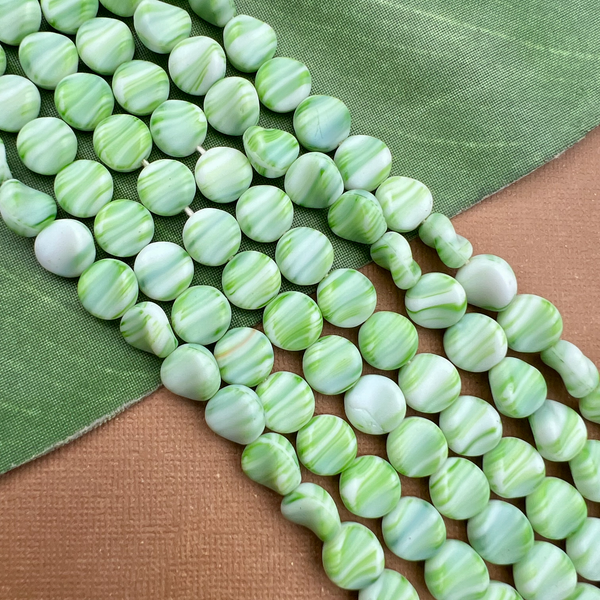 Green & White Twisted Coin Beads - 50 Pieces