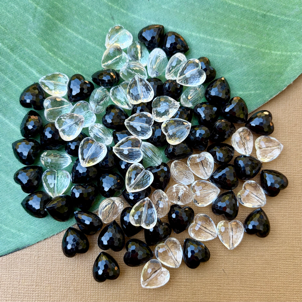 Faceted 12mm Crystal & Black Hearts - 100 Pieces