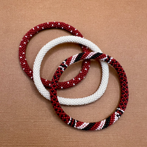 Red Polka Dot & Cream Beaded Bangles - Size 15 Beads