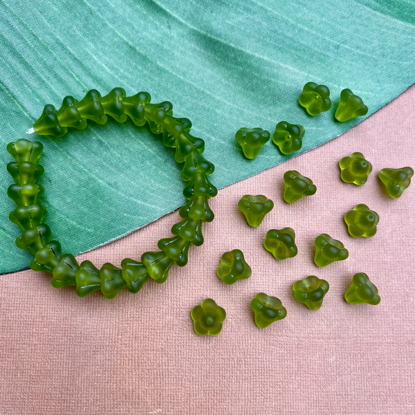 Green Matte Bell Flower Large Cap Beads - 50 Pieces