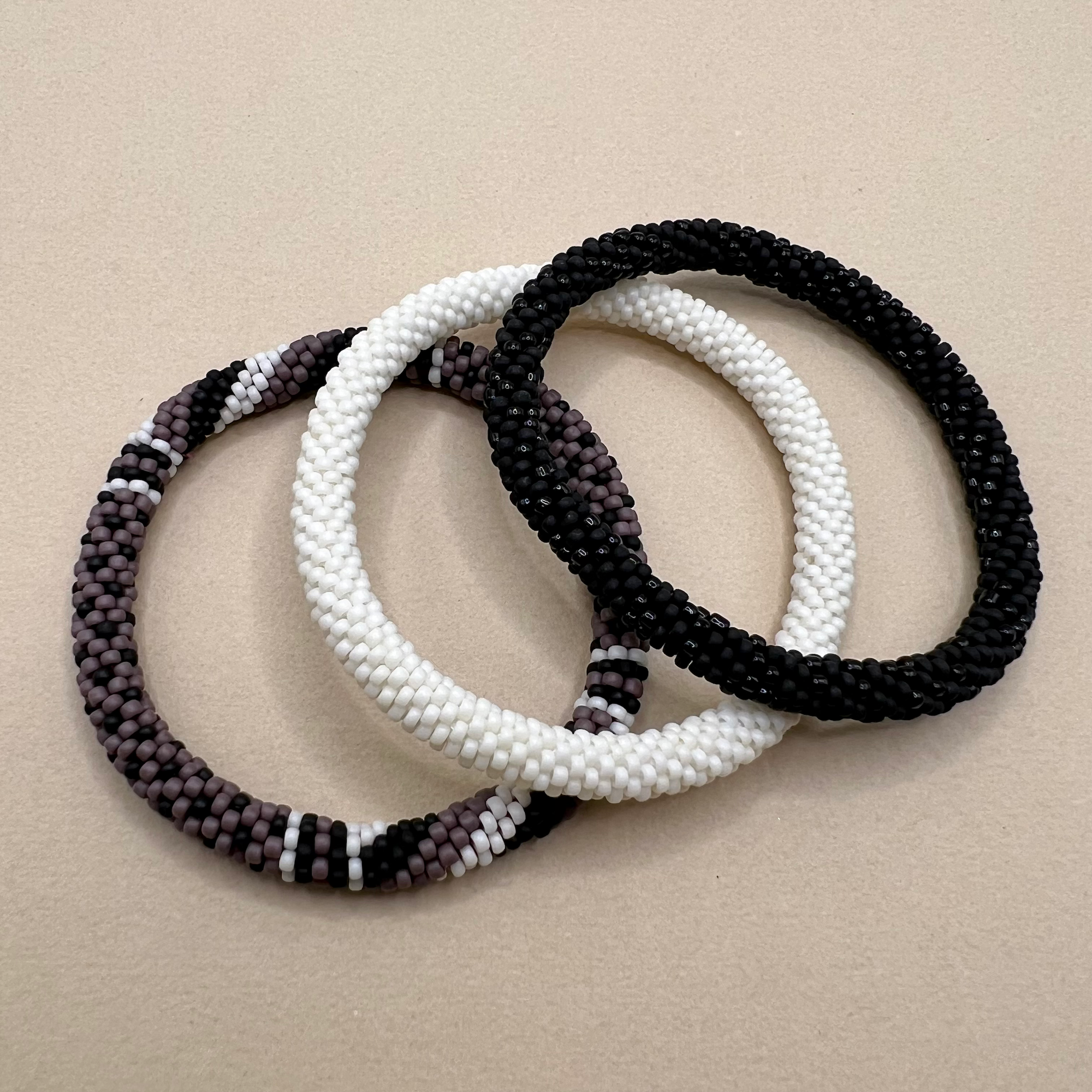 Lavender, Cream, & Black Beaded Bangles - Size 11 Beads