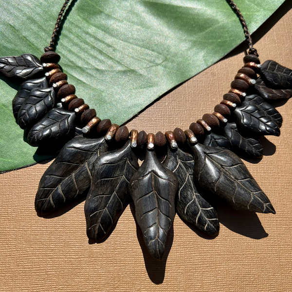 Wood Leaf adjustable necklace - hand carved leaves