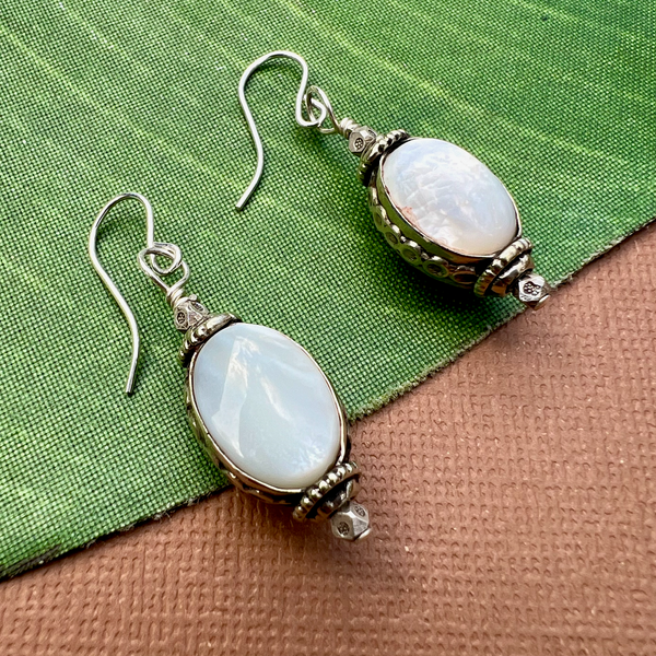 Oval Mother of Pearl & White Metal Earrings