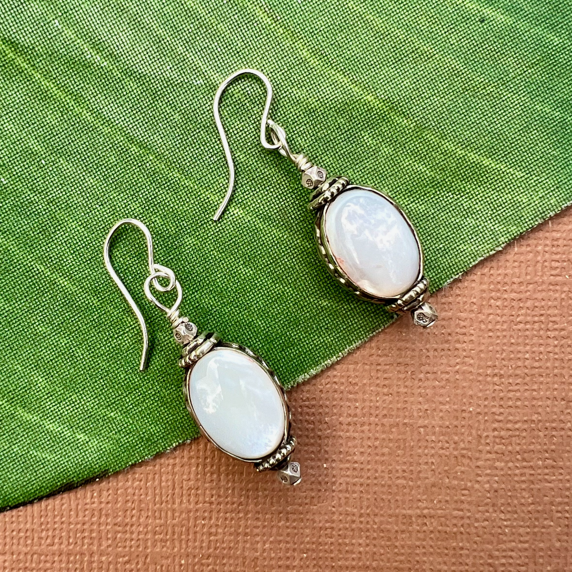 Oval Mother of Pearl & White Metal Earrings