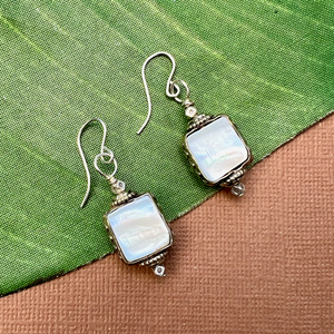 Square Mother of Pearl & White Metal Earrings