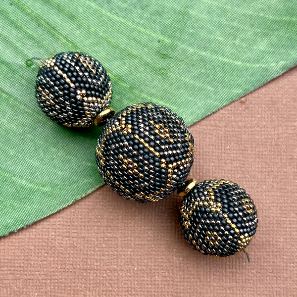 Matte Gray, Gold, Silver Beaded Beads  - 3 Pieces