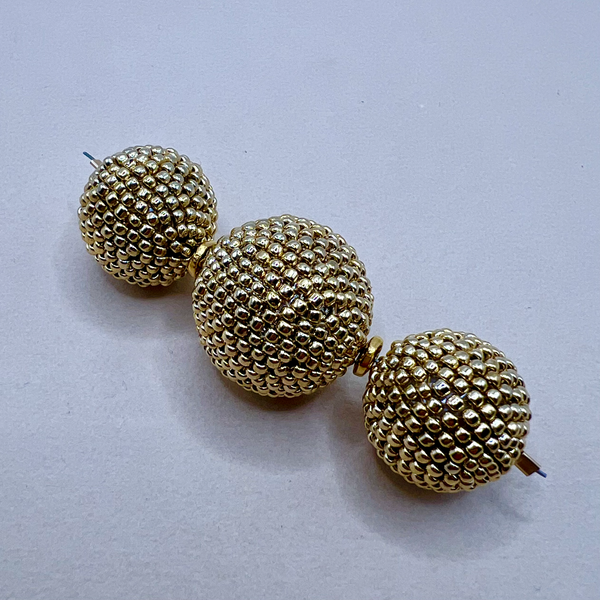 Gold Metal Beaded Beads  - 3 Pieces