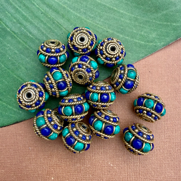 Tibetan Brass & Stone Decorative Beads - 2 Pieces
