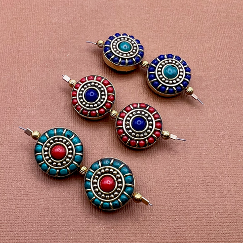 Tibetan Brass & Stone Disc Beads - 2 Pieces
