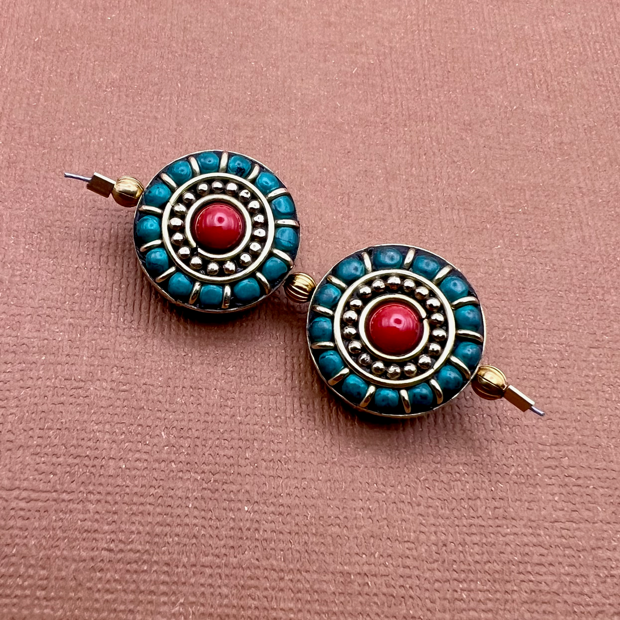 Tibetan Brass & Stone Disc Beads - 2 Pieces