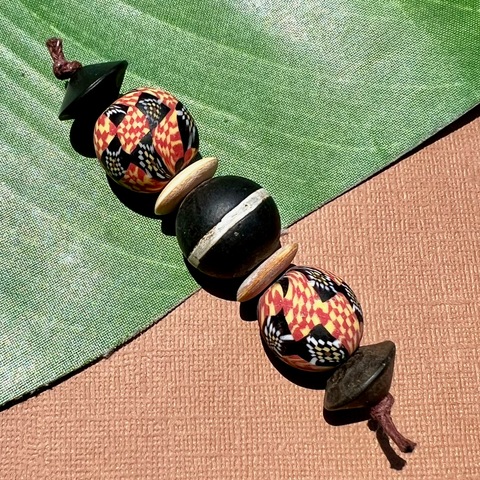 Yellow Red Jatim Beads, Black Glass, Bone Discs, & Wood Saucer Beads