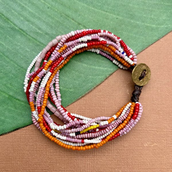 Pink Orange Red African Seed Bead Bracelet