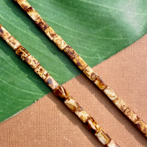 Picasso Cream & Brown Rectangle Beads - 75 Pieces