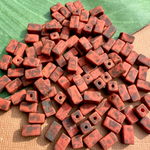 Picasso Matte Orange & Brown Rectangle Beads - 75 Pieces