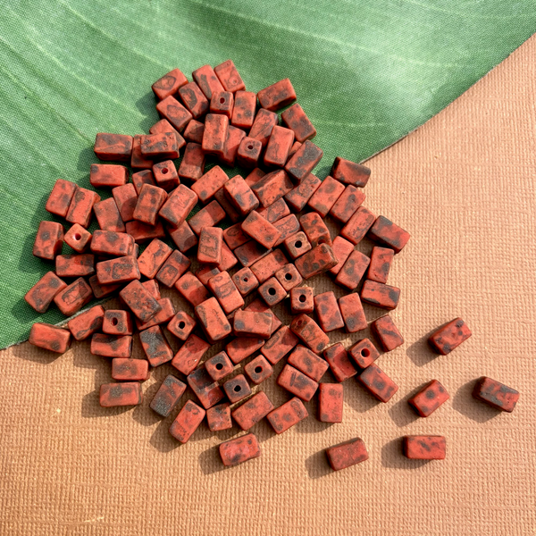 Picasso Matte Orange & Brown Rectangle Beads - 75 Pieces