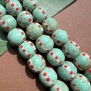 Indonesian Green Glass with Red Dots - 12 Pieces